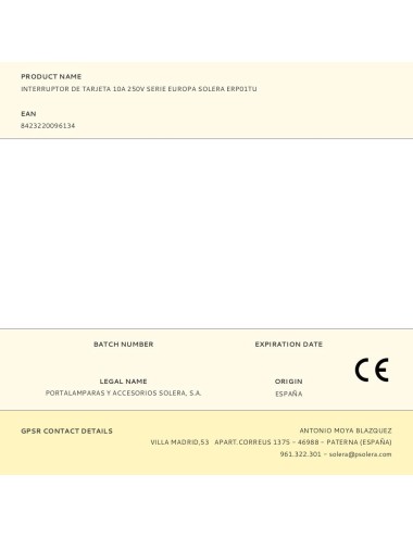 Interruptor de tarjeta 10a 250v serie europa solera erp01tu