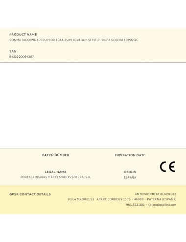 Conmutador/interruptor 10ax 250v 83x81mm serie europa solera erp02qc