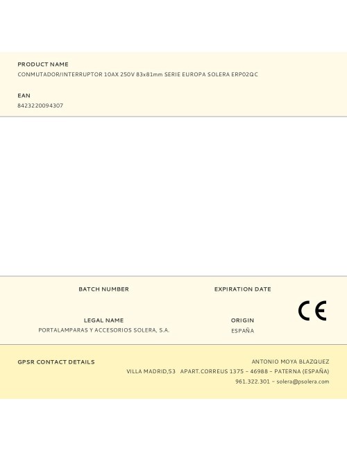 Conmutador/interruptor 10ax 250v 83x81mm serie europa solera erp02qc