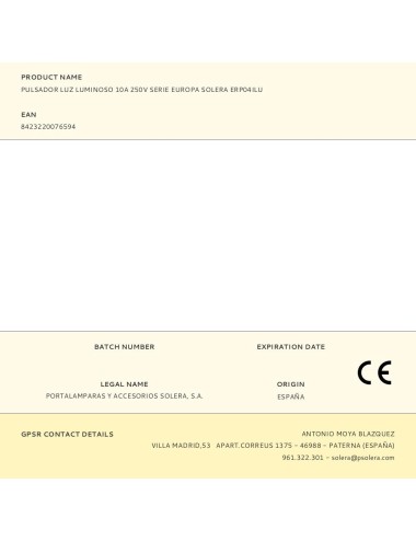 Pulsador luz luminoso 10a 250v serie europa solera erp04ilu