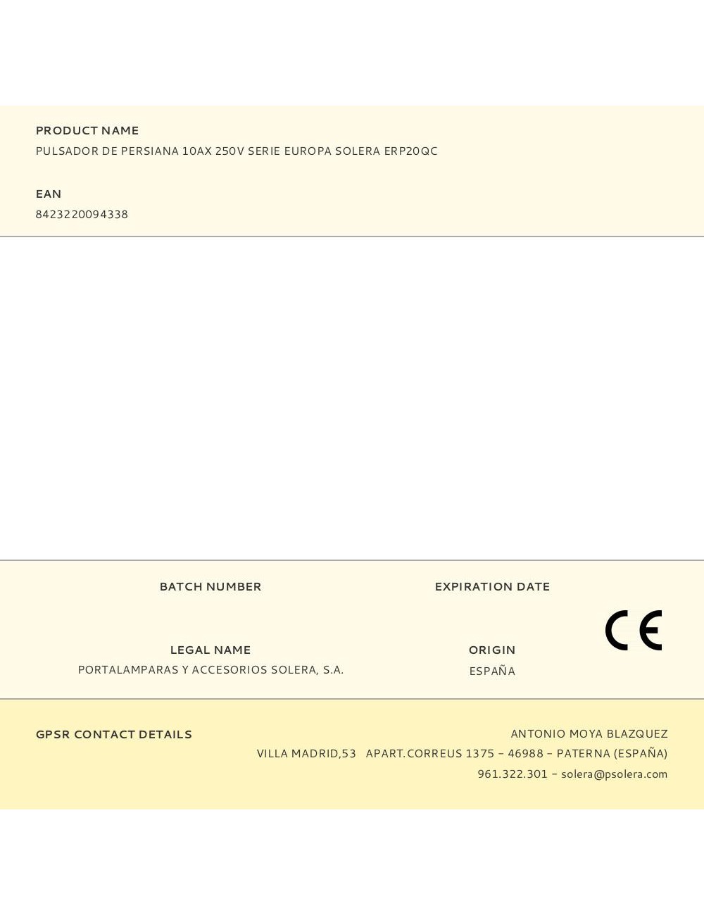 Pulsador de persiana 10ax 250v serie europa solera erp20qc