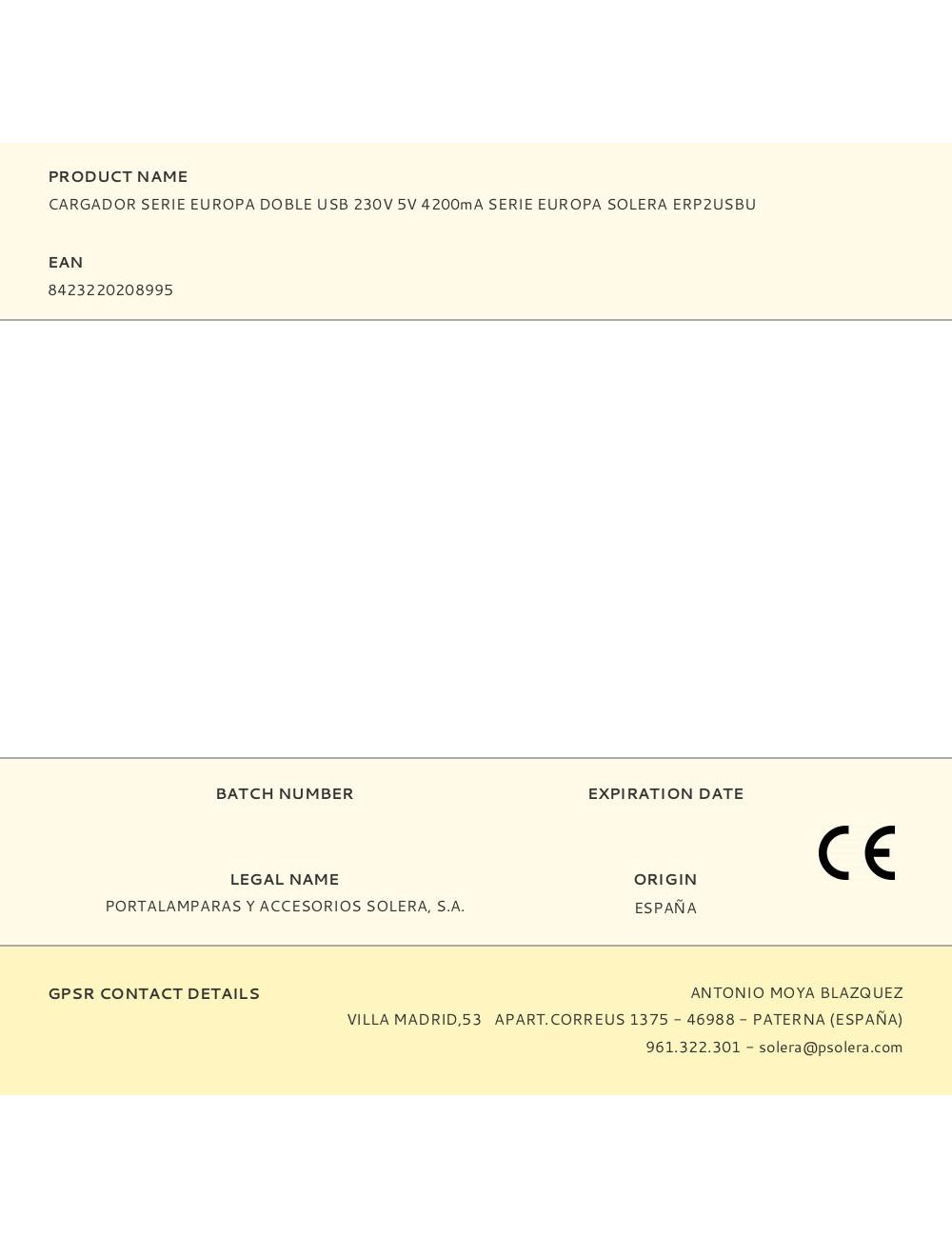 Cargador serie europa doble usb 230v 5v 4200ma serie europa solera erp2usbu