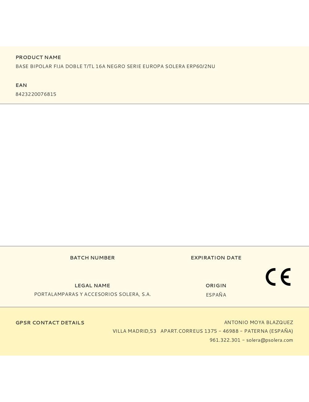 Base bipolar fija doble t/tl 16a negro serie europa solera erp60/2nu