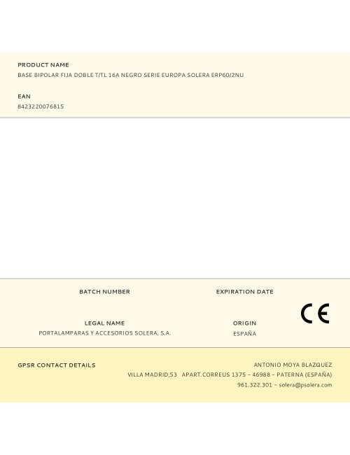 Base bipolar fija doble t/tl 16a negro serie europa solera erp60/2nu