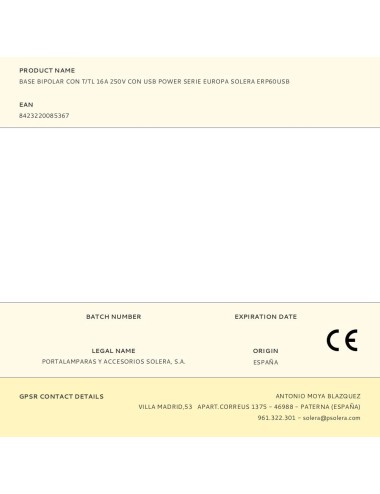 Base bipolar con t/tl 16a 250v con usb power serie europa solera erp60usb