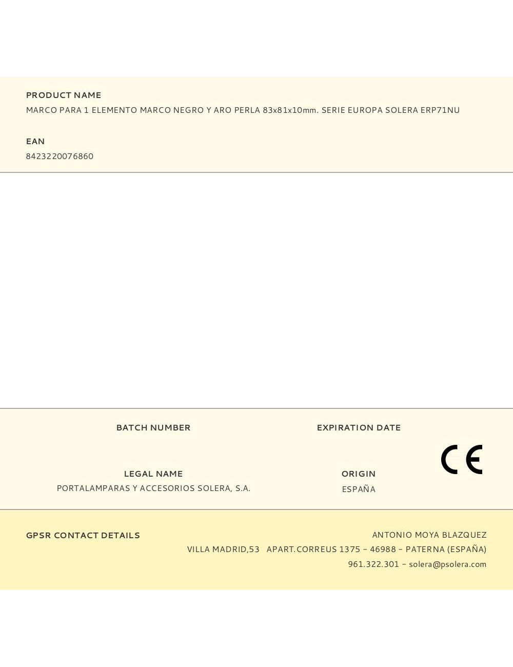 Marco para 1 elemento marco negro y aro perla 83x81x10mm. serie europa solera erp71nu