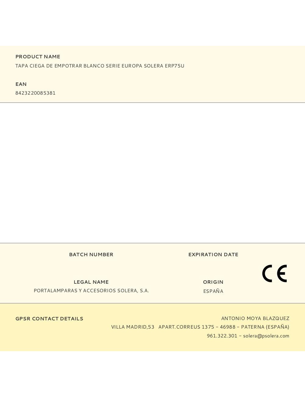 Tapa ciega de empotrar blanco serie europa solera erp75u