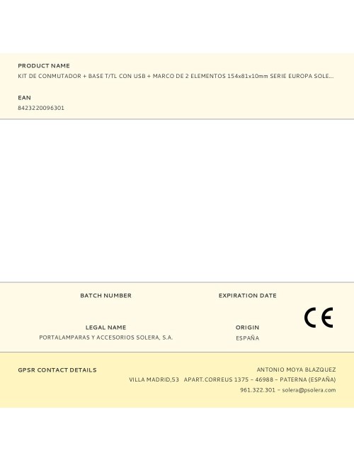 Kit de conmutador + base t/tl con usb + marco de 2 elementos 154x81x10mm serie europa solera kit-erp-room