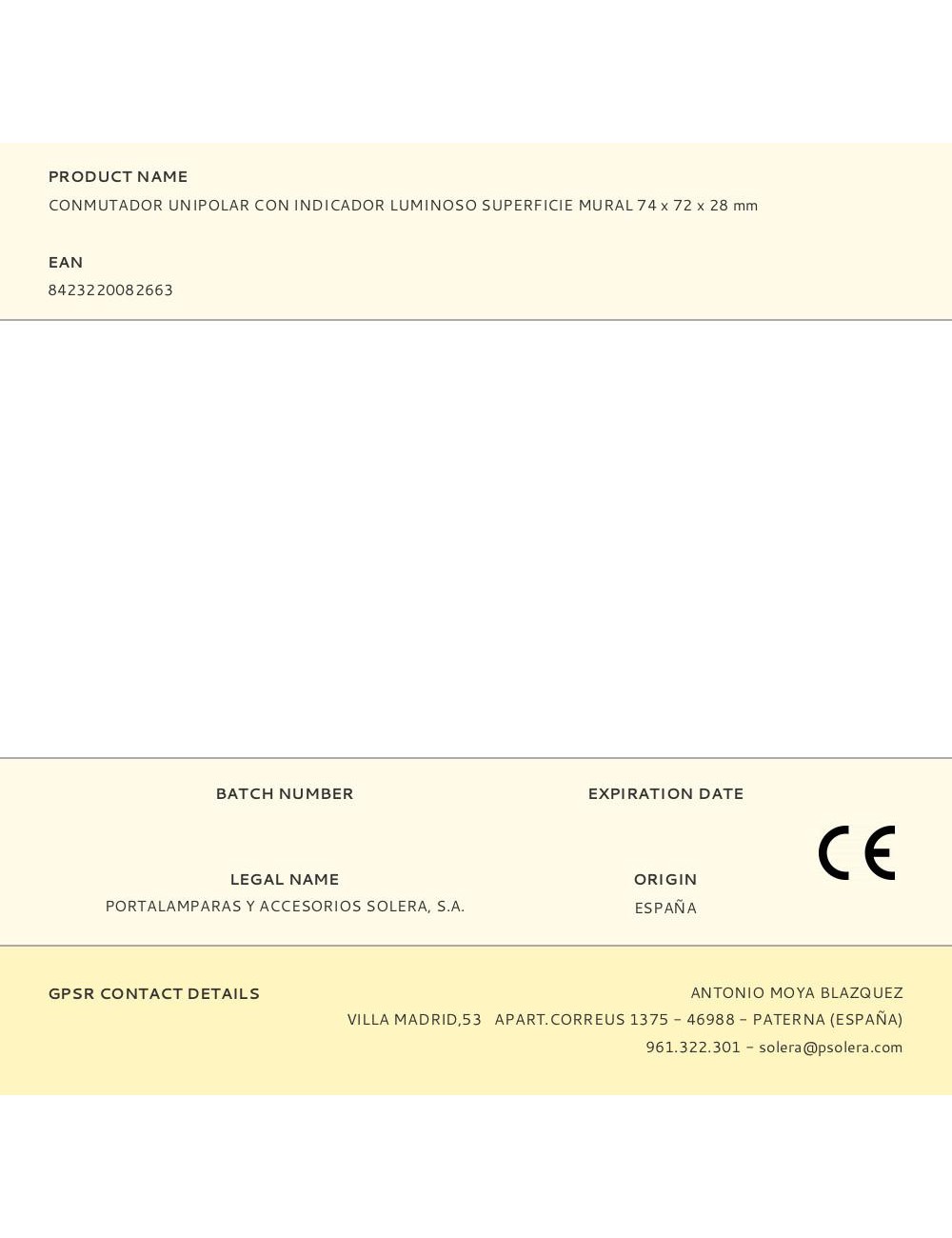 Conmutador unipolar con indicador luminoso superficie mural 74 x 72 x 28 mm