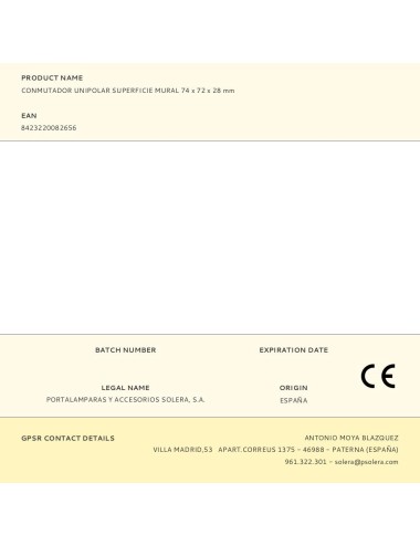 Conmutador unipolar superficie mural 74 x 72 x 28 mm