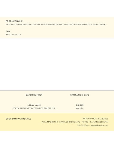 Base 2p+t tipo f bipolar con t/tl, doble conmutador y con obturador superficie mural 148 x 72 x 42 mm