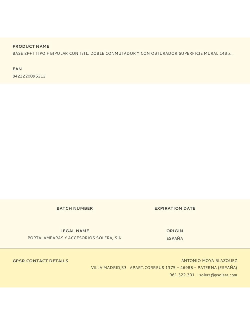 Base 2p+t tipo f bipolar con t/tl, doble conmutador y con obturador superficie mural 148 x 72 x 42 mm