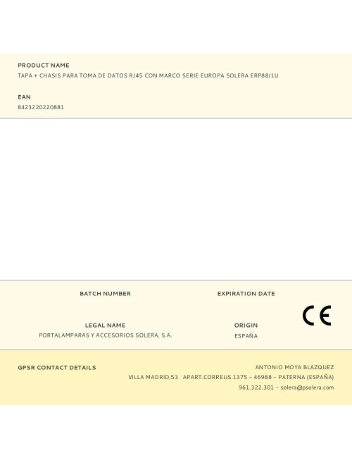 Tapa + chasis para toma de datos rj45 con marco serie europa solera erp88/1u