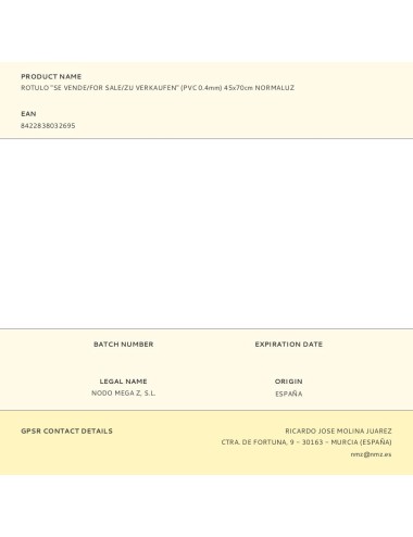 Rotulo "se vende/for sale/zu verkaufen" (pvc 0.4mm) 45x70cm normaluz