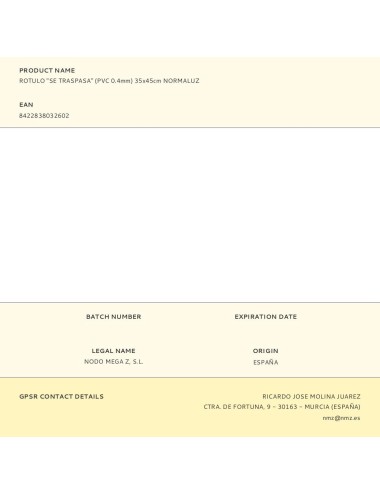 Rotulo "se traspasa" (pvc 0.4mm) 35x45cm normaluz