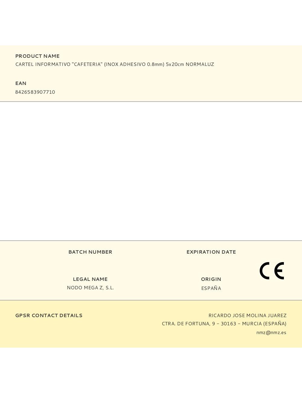 Cartel informativo "cafeteria" (inox adhesivo 0.8mm) 5x20cm normaluz