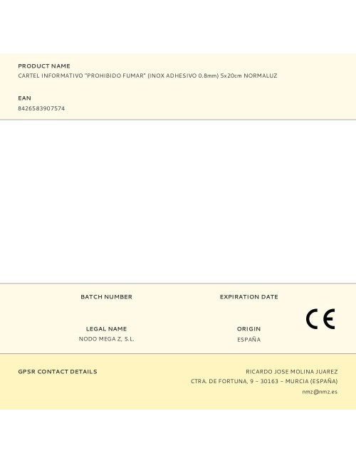 Cartel informativo "prohibido fumar" (inox adhesivo 0.8mm) 5x20cm normaluz