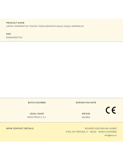 Cartel informativo "salida" (inox adhesivo 0.8mm) 5x20cm normaluz