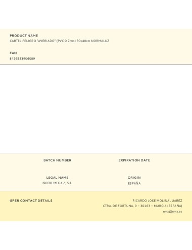 Cartel peligro "averiado" (pvc 0.7mm) 30x40cm normaluz