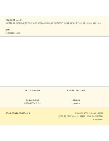 Cartel de evacuación "empujar barra para abrir puerta" clase b (pvc 0,7mm) 22.4x30cm normaluz