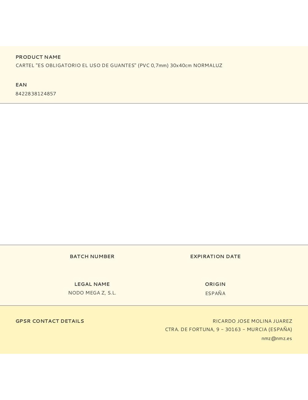 Cartel "es obligatorio el uso de guantes" (pvc 0,7mm) 30x40cm normaluz