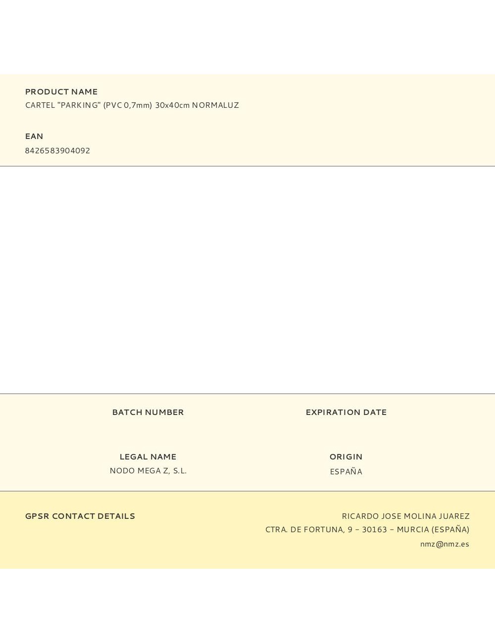 Cartel "parking" (pvc 0,7mm) 30x40cm normaluz