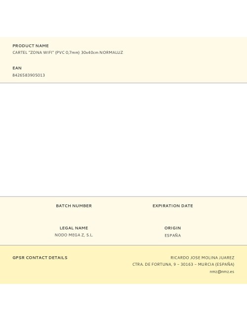 Cartel "zona wifi" (pvc 0,7mm) 30x40cm normaluz