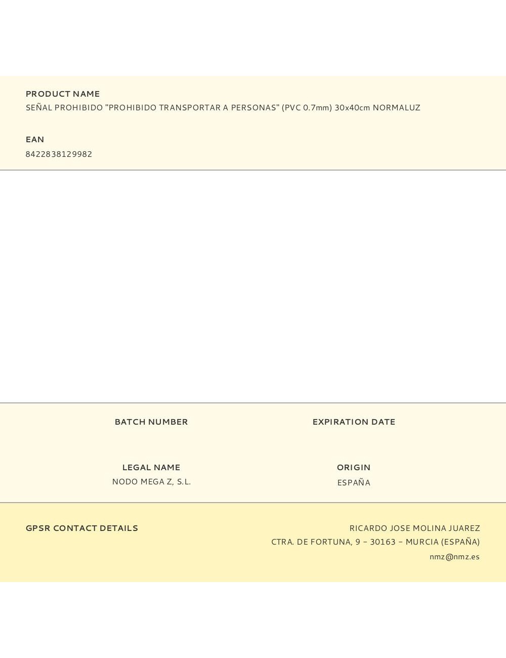 Señal prohibido "prohibido transportar a personas" (pvc 0.7mm) 30x40cm normaluz