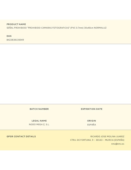 Señal prohibido "prohibido camaras fotograficas" (pvc 0.7mm) 30x40cm normaluz