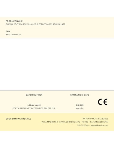 Clavija 2p+t 16a 250v blanco (retractilado) solera 1428