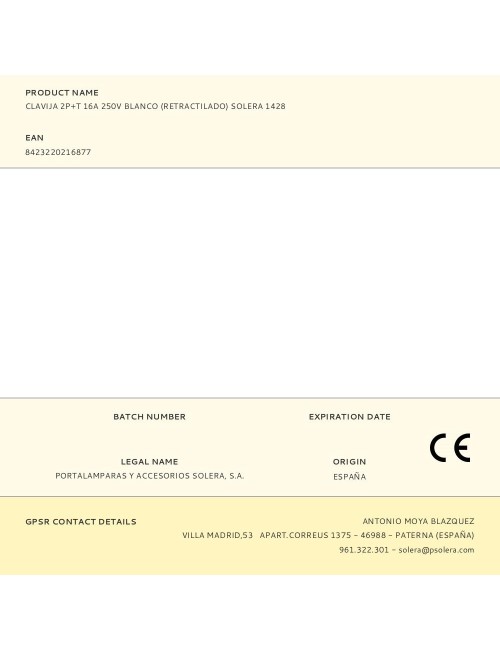 Clavija 2p+t 16a 250v blanco (retractilado) solera 1428