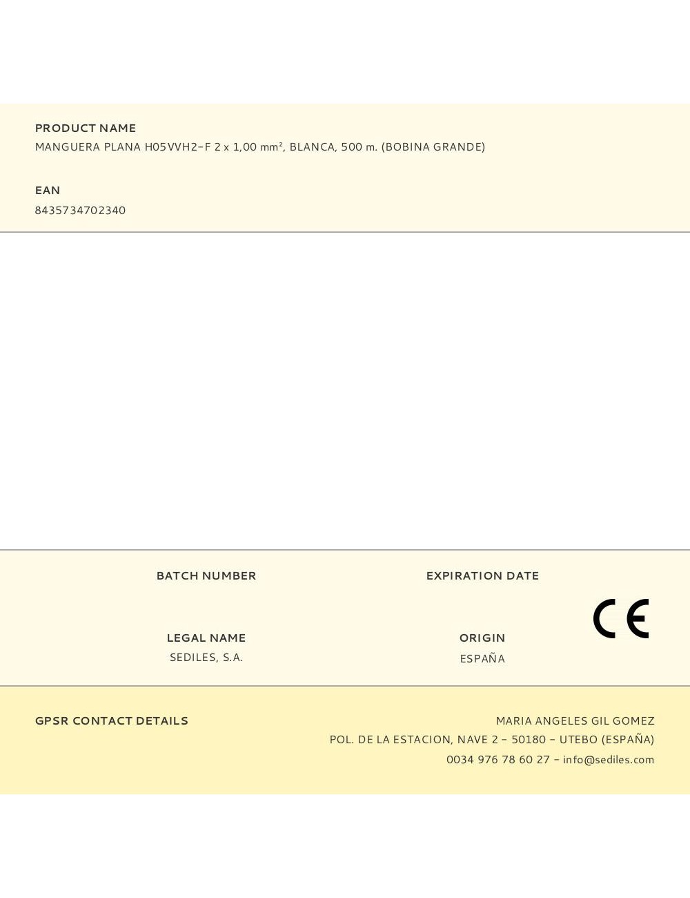 Manguera plana h05vvh2-f 2 x 1,00 mm, blanca, 500 m. (bobina grande)