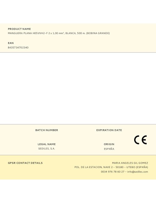 Manguera plana h05vvh2-f 2 x 1,00 mm, blanca, 500 m. (bobina grande)