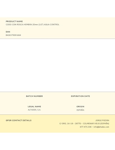 Codo con rosca hembra 20mm (1/2") aqua control