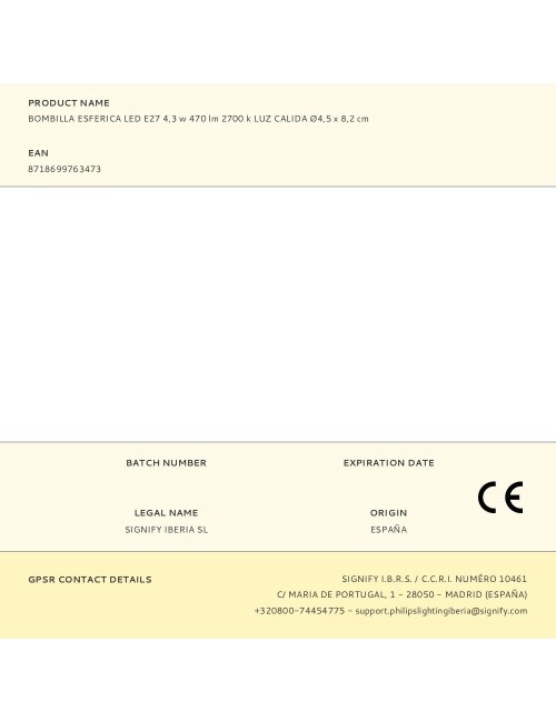 Bombilla esferica led e27 4,3 w 470 lm 2700 k luz calida ø4,5 x 8,2 cm