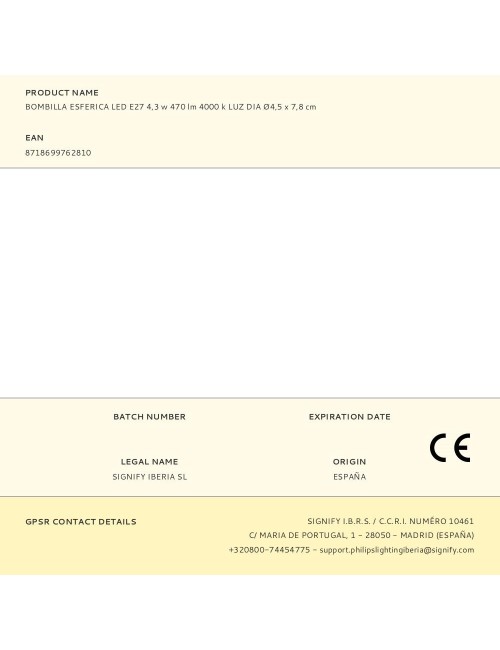 Bombilla esferica led e27 4,3 w 470 lm 4000 k luz dia ø4,5 x 7,8 cm