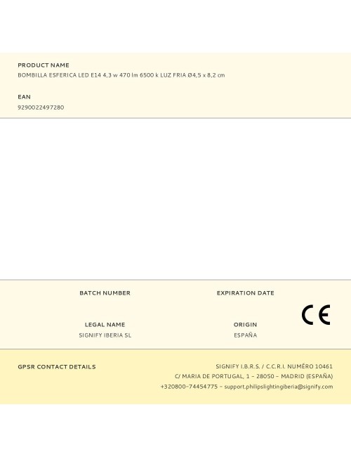 Bombilla esferica led e14 4,3 w 470 lm 6500 k luz fria ø4,5 x 8,2 cm