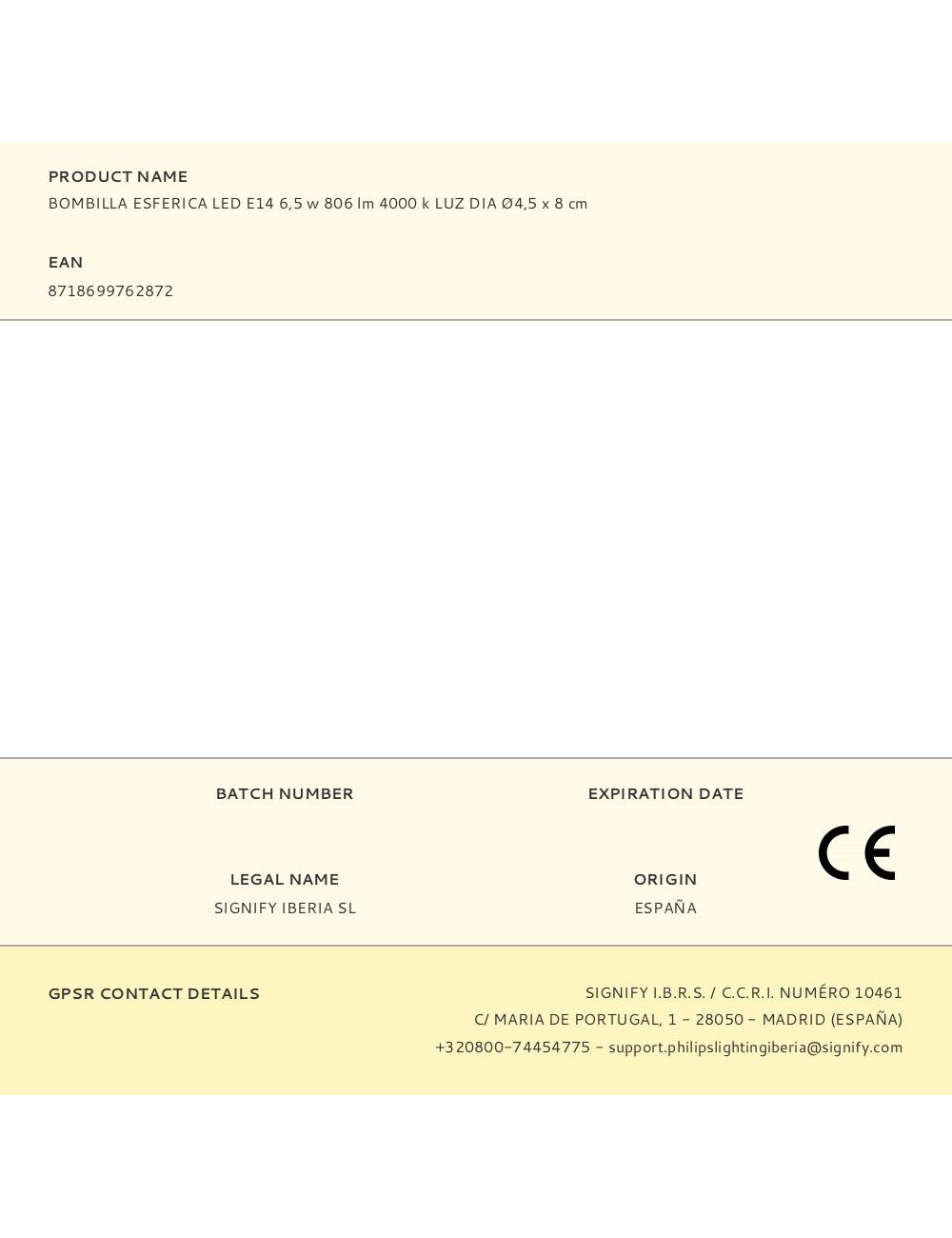 Bombilla esferica led e14 6,5 w 806 lm 4000 k luz dia ø4,5 x 8 cm