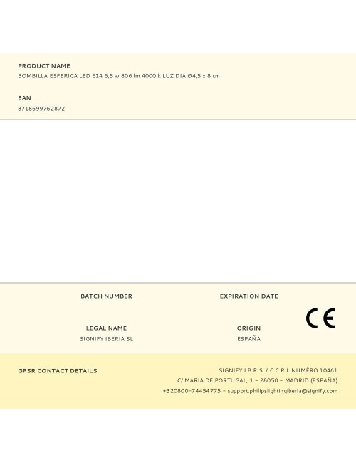 Bombilla esferica led e14 6,5 w 806 lm 4000 k luz dia ø4,5 x 8 cm
