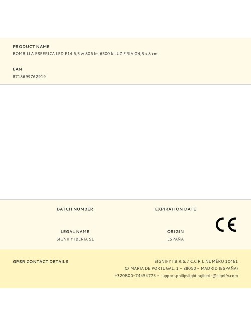 Bombilla esferica led e14 6,5 w 806 lm 6500 k luz fria ø4,5 x 8 cm