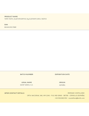 Tope textil sujetapuertas 1kg elefante gris. inofix