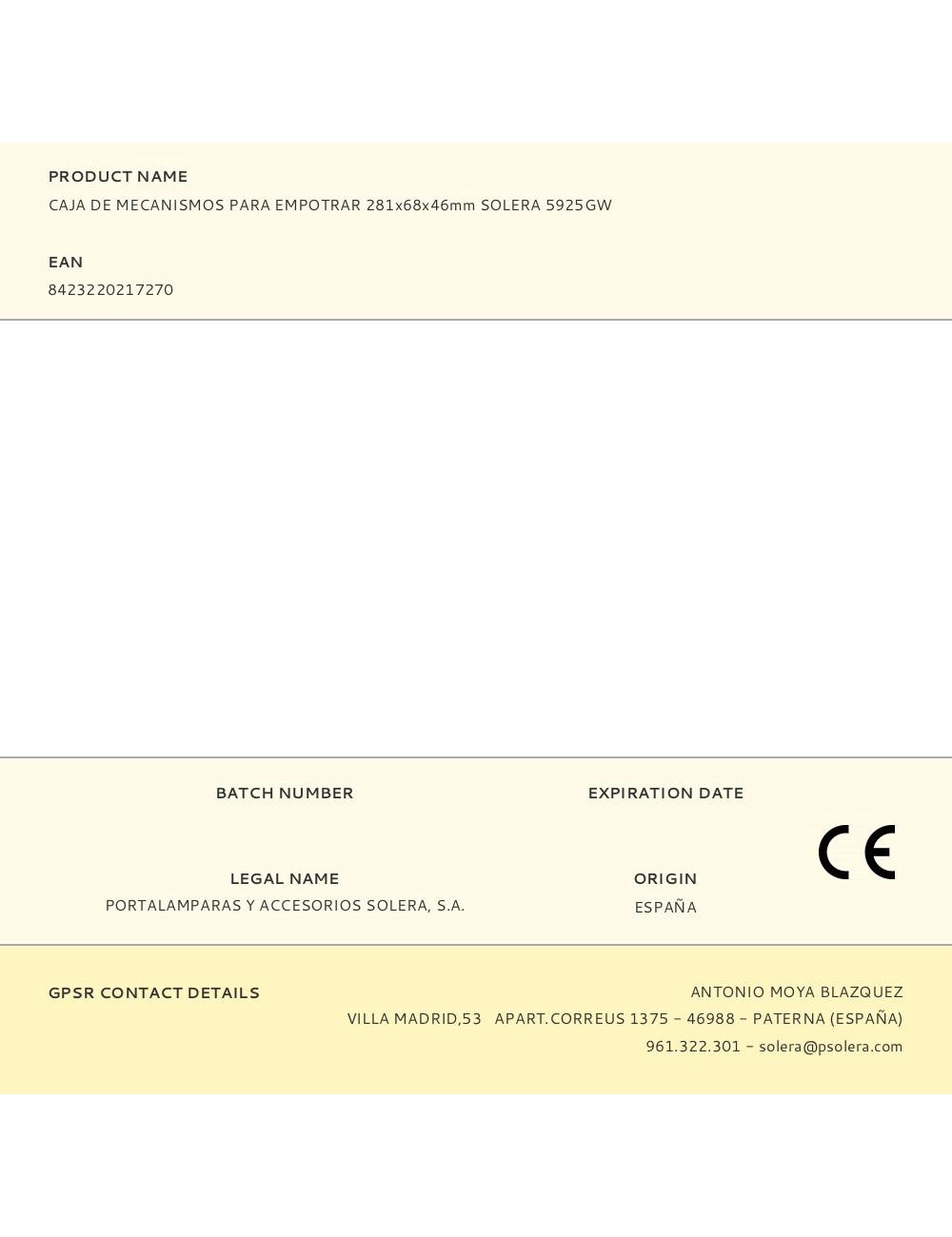 Caja de mecanismos para empotrar 281x68x46mm solera 5925gw
