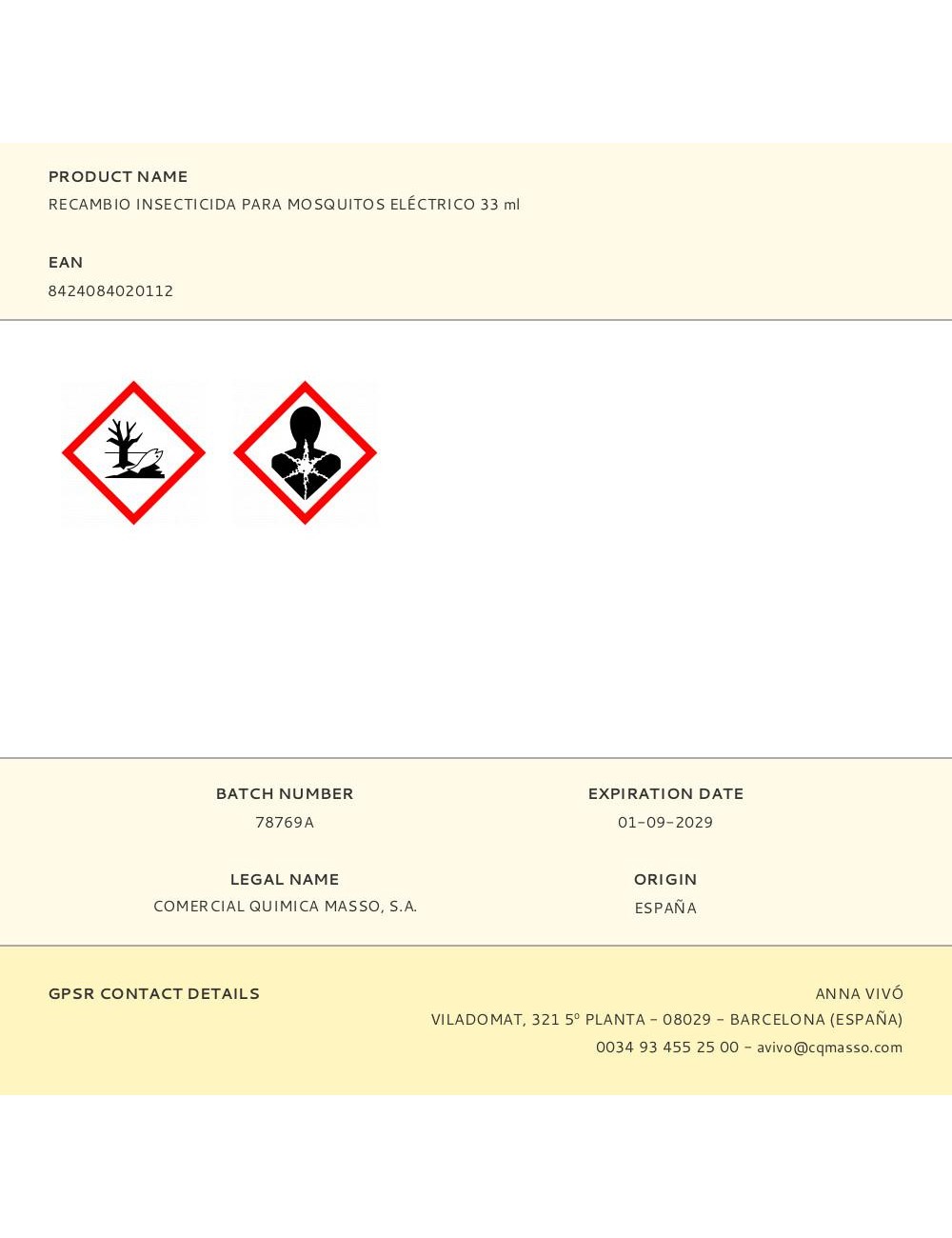 Recambio insecticida para mosquitos eléctrico 33 ml