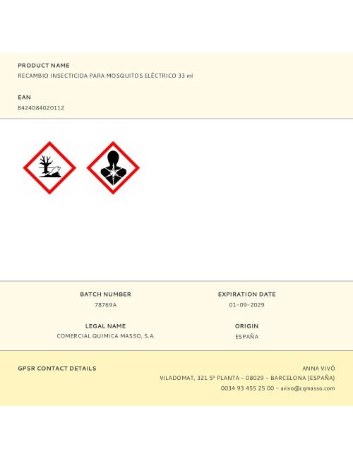 Recambio insecticida para mosquitos eléctrico 33 ml