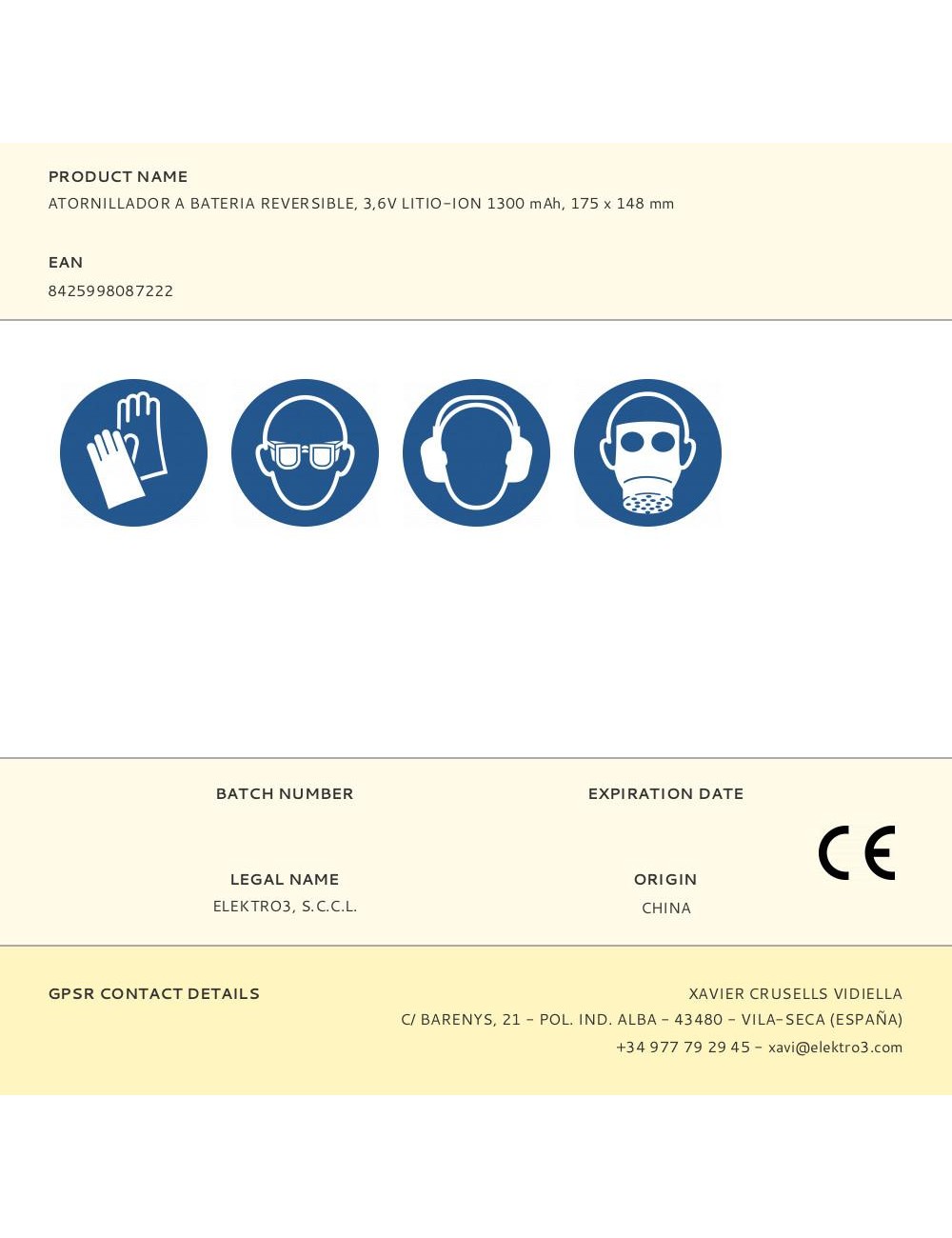 Atornillador a bateria reversible, 3,6v litio-ion 1300 mah, 175 x 148 mm