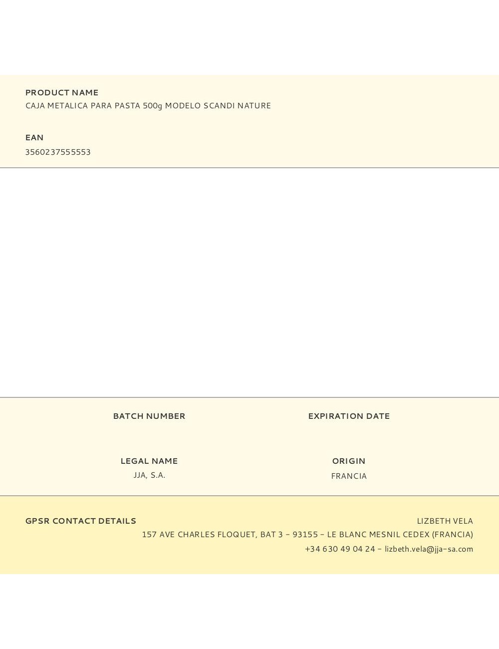 Caja metálica modelo scandi nature para pasta 500 g