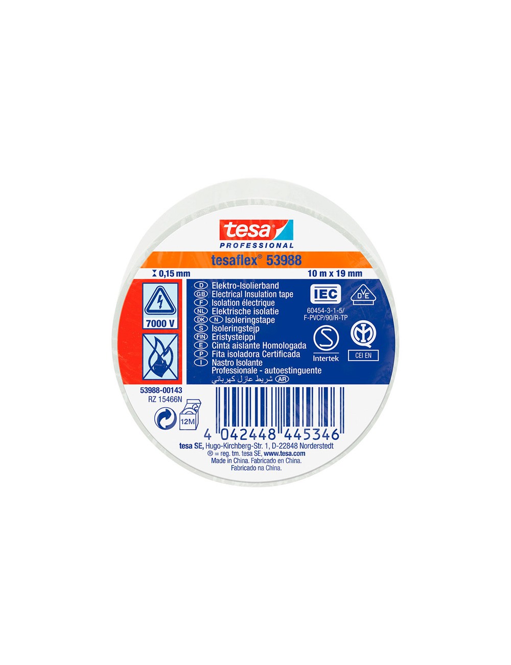 Cinta aislante homologada blanca 19 mm x 10 m