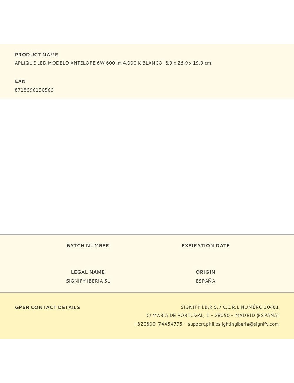 Aplique led modelo antelope 6w 600 lm 4.000 k blanco 8,9 x 26,9 x 19,9 cm