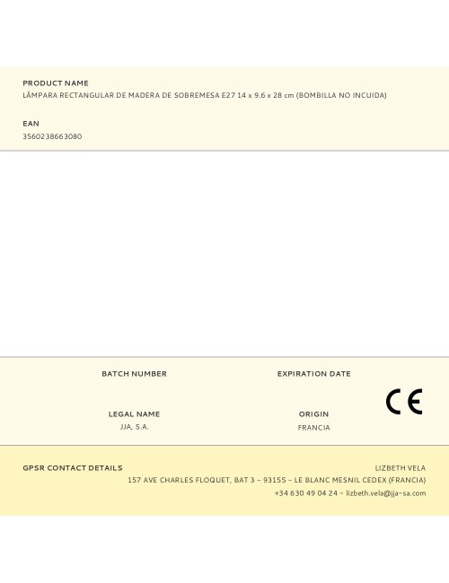 Lámpara rectangular de madera de sobremesa e27 14 x 9.6 x 28 cm (bombilla no incuida)