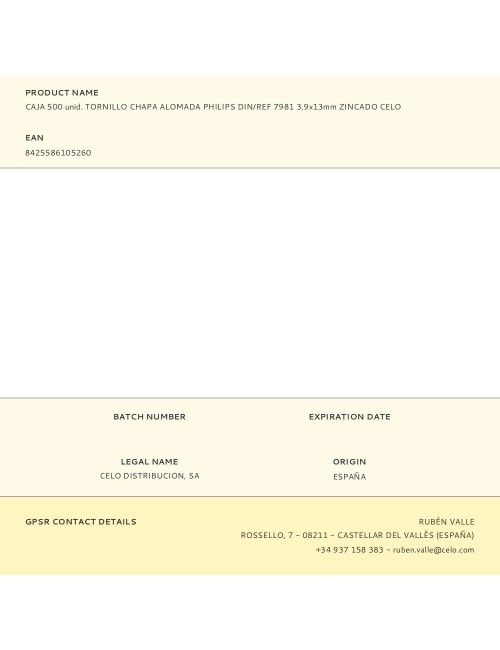 Caja 500 unid. tornillo chapa alomada philips din/ref 7981 3,9x13mm zincado celo